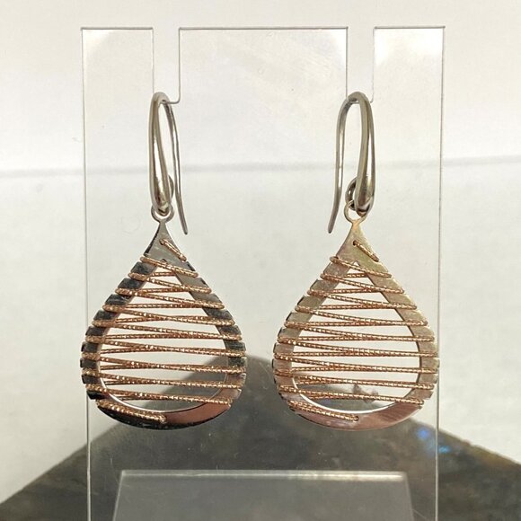 Sterling Silver 925 Italy Modernist Brass Woven Accent Teardrop Dangle Earrings - Picture 1 of 16